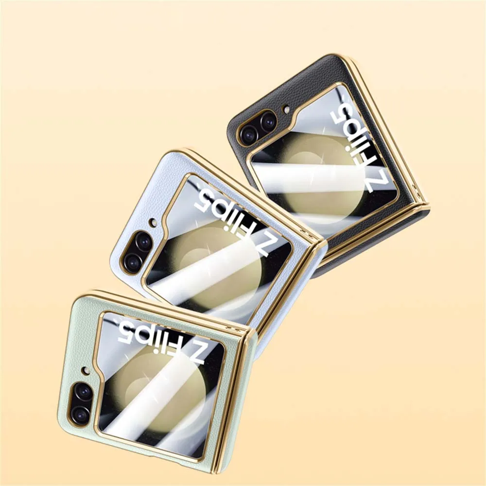 삼성 갤럭시 Z플립 5 6 고급 도금 순수 가죽 힌지 폰 케이스 삼성 Z 플립5 플립 6 렌즈 보호 백 커버