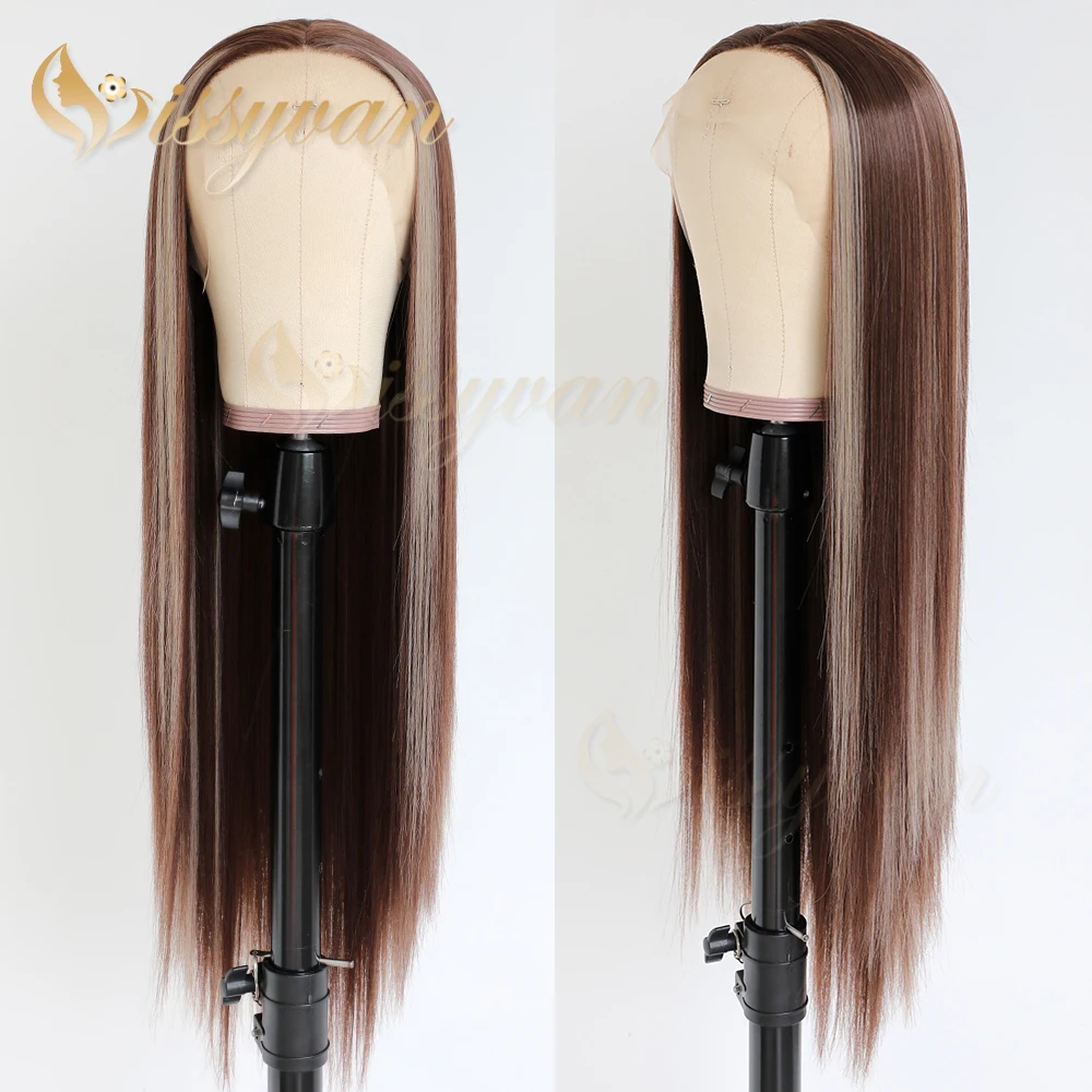 

Missyvan Long Straight Hair Highlights Brown Color Wig Glueless Heat Resistant Synthetic Lace Front Wigs for Black Women