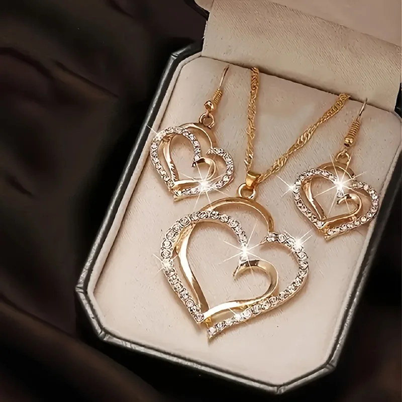 Sparkling Rhinestone Double-layer Hollow Heart-shaped Pendant Necklace Women's Temperament  Versatile Jewelry Set