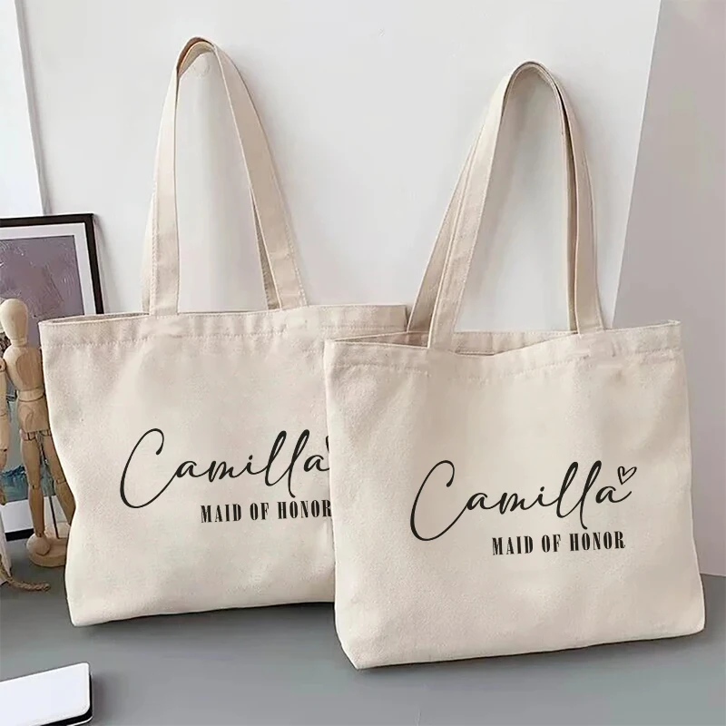 Maid of Honor Personalized Name Canvas Tote Bag Organizer Bridesmaid Customized Shoulder Bag Large Capacity Handbag Wedding Gift