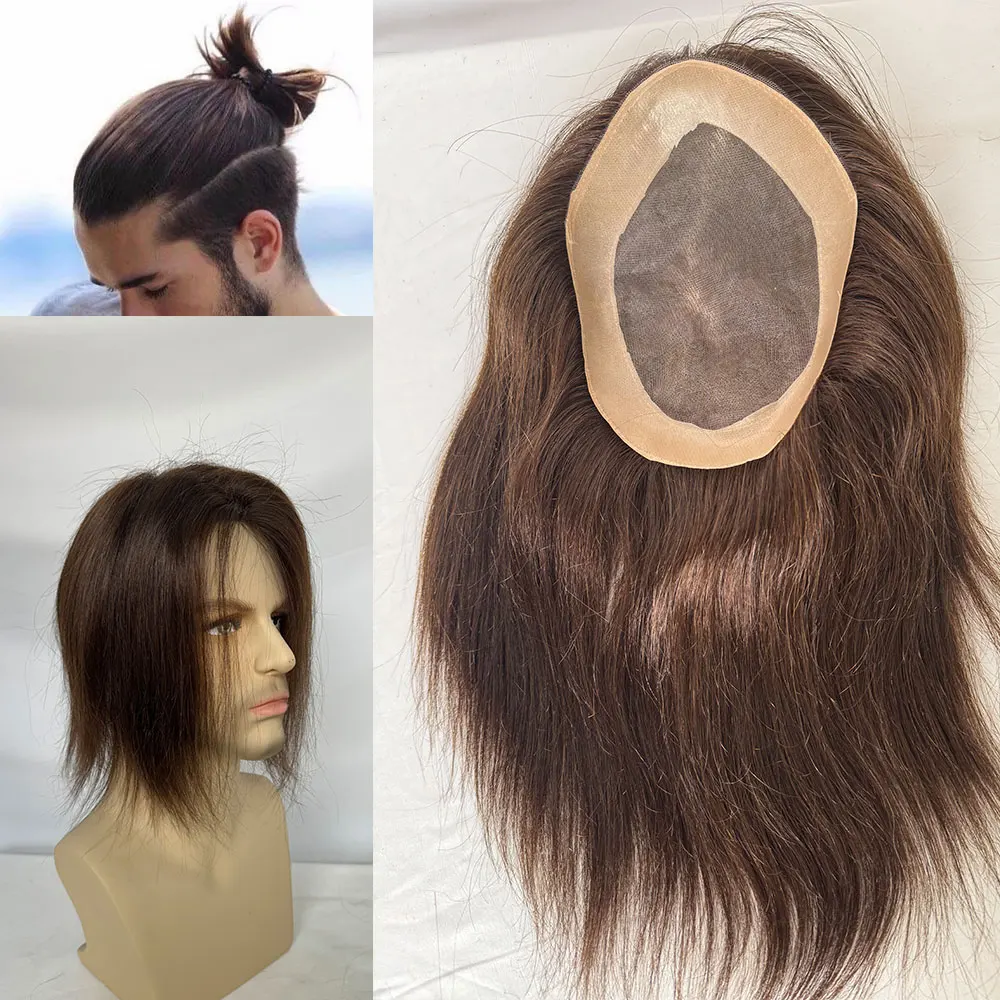 شعر مستعار بشري للرجال قطعة شعر مونو دانتيل مع قاعدة PU متينة 6 × 8 بوصة أنظمة بديلة شعر بني طويل 9 بوصة للرجال #1
