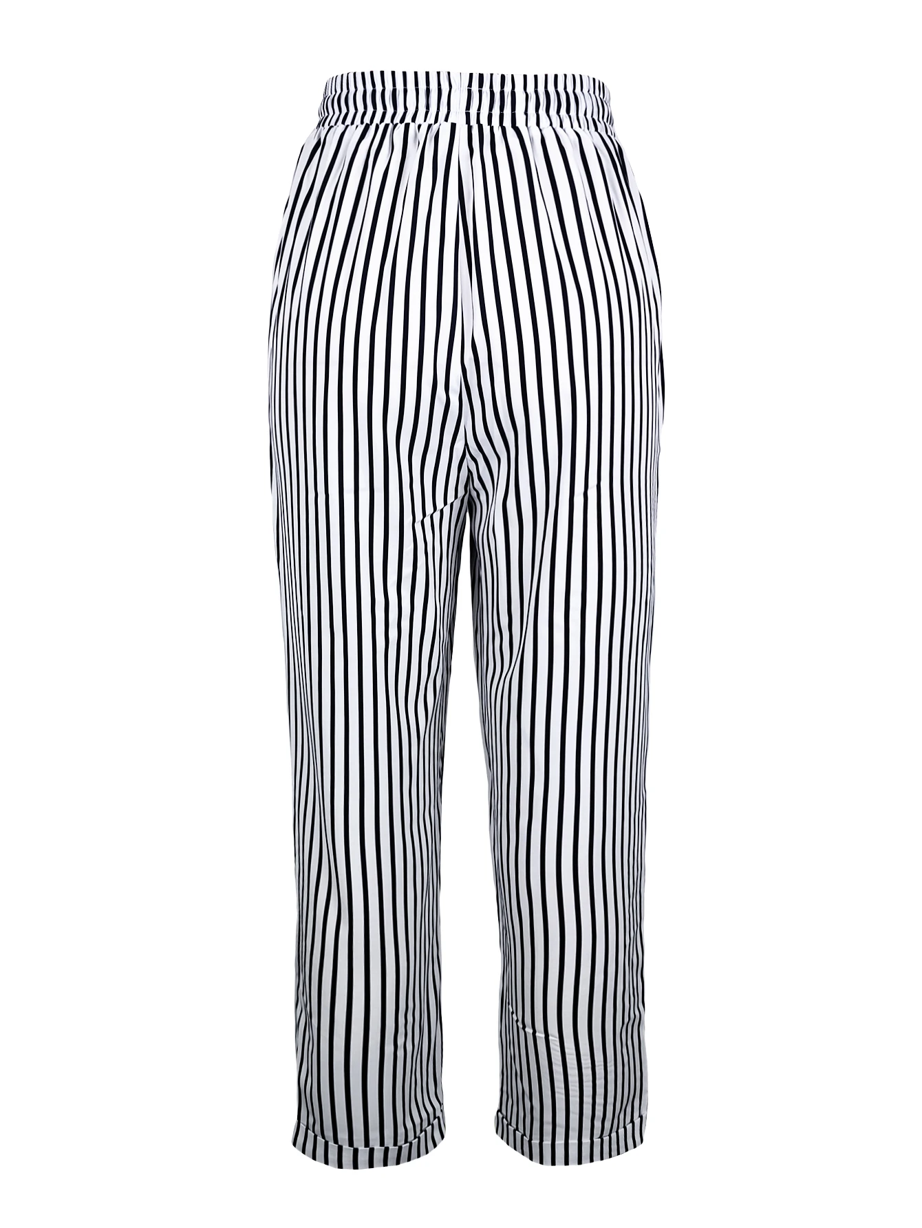 Women Fashion Elastic Waist Long Trousers Pockets Casual Striped Print Loose Female Elegant All-Match Straight Pants New