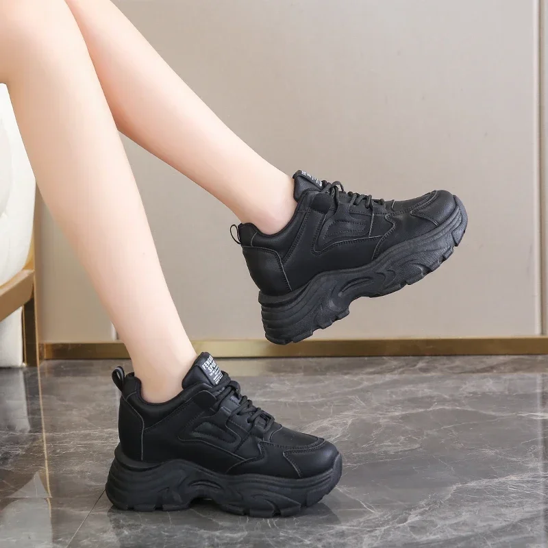White Platform Women's Sneakers 2025 Autumn Lace-Up Thick Bottom Sports Shoes Woman Pu Leather Breathable Walking Shoes Female image 6