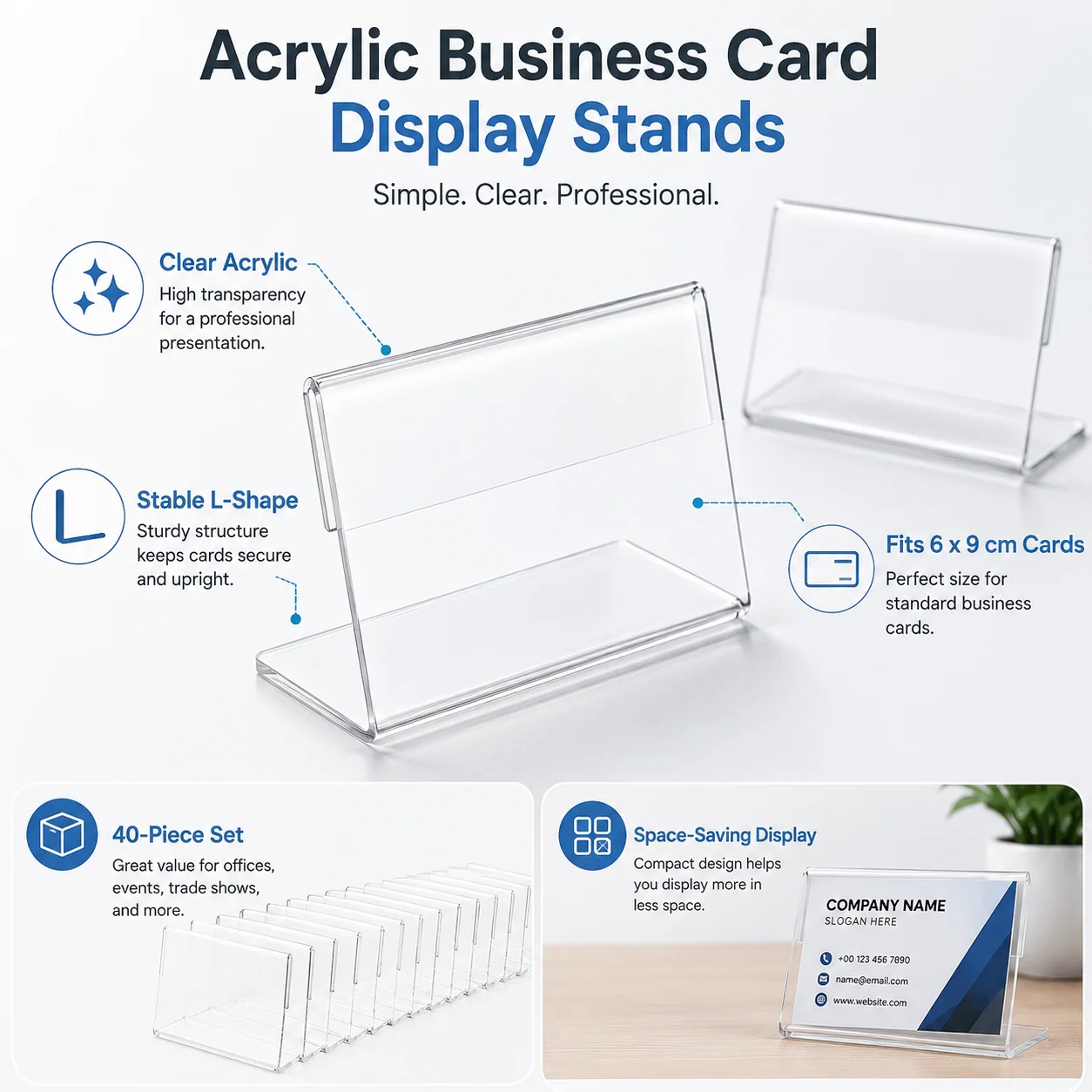 

Business Card Display Stand, Clear Acrylic L-Shaped Holder, 40-Piece Set for Offices, Shops, Events & Countertop Display
