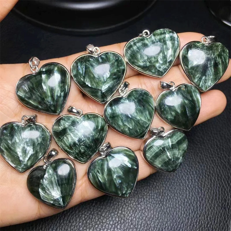 S925 Natural Seraphinite Heart Pendant Gemstone Jewelry Necklace Pendant For Women Men Gift 1PCS 23MM