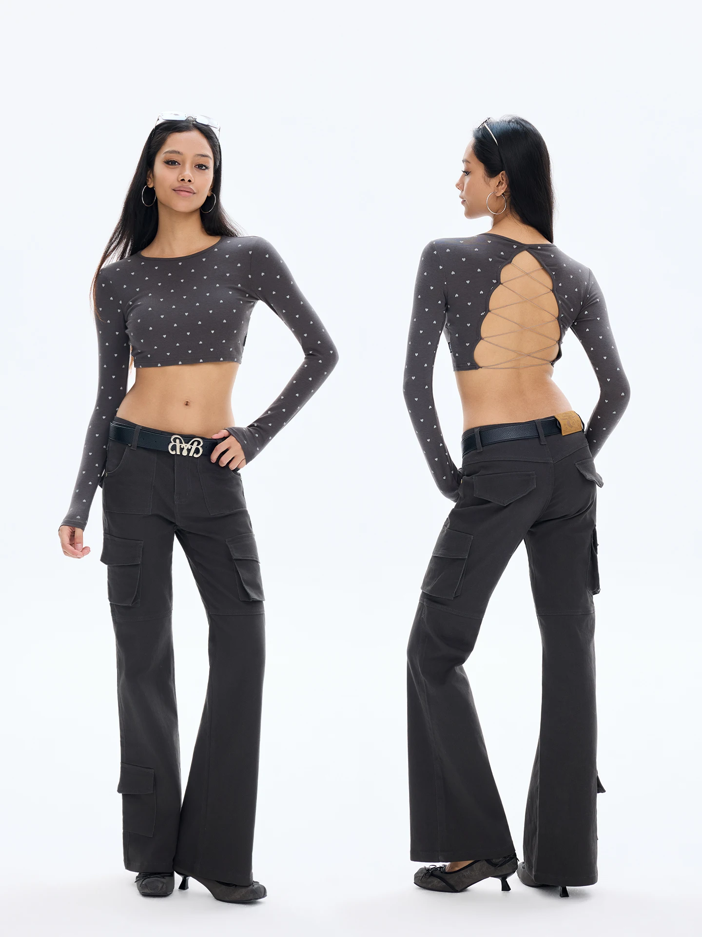 ABMY Spicy Girl Heart And Polka Dot Print Backless Long Sleeve T-Shirt Women's Slim Fit Short Base Shirt with Chest Pad