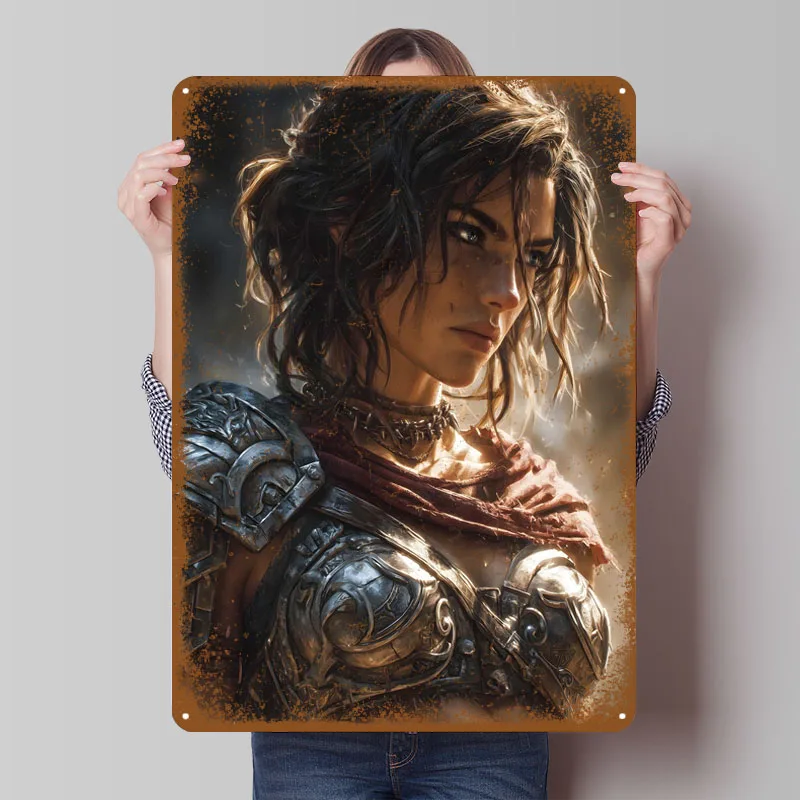 Женский воин в доспехах, портретные металлические вывески, игровой и фэнтезийный постер, декор для ванной комнаты, декор для украшения комнаты, настенная художественная роспись