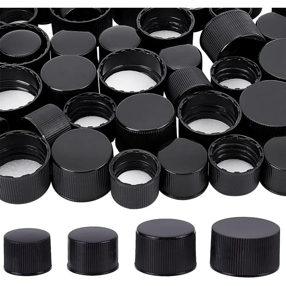 56 Stück schwarze Kunststoff-Schraubverschlüsse mit Schaumstoffeinsatz, 4 Stile, 18 mm/24 mm/28 mm, flache, runde Flaschenkrug-Aufbewahrungskappe, Deckel für Gläser und Flaschen