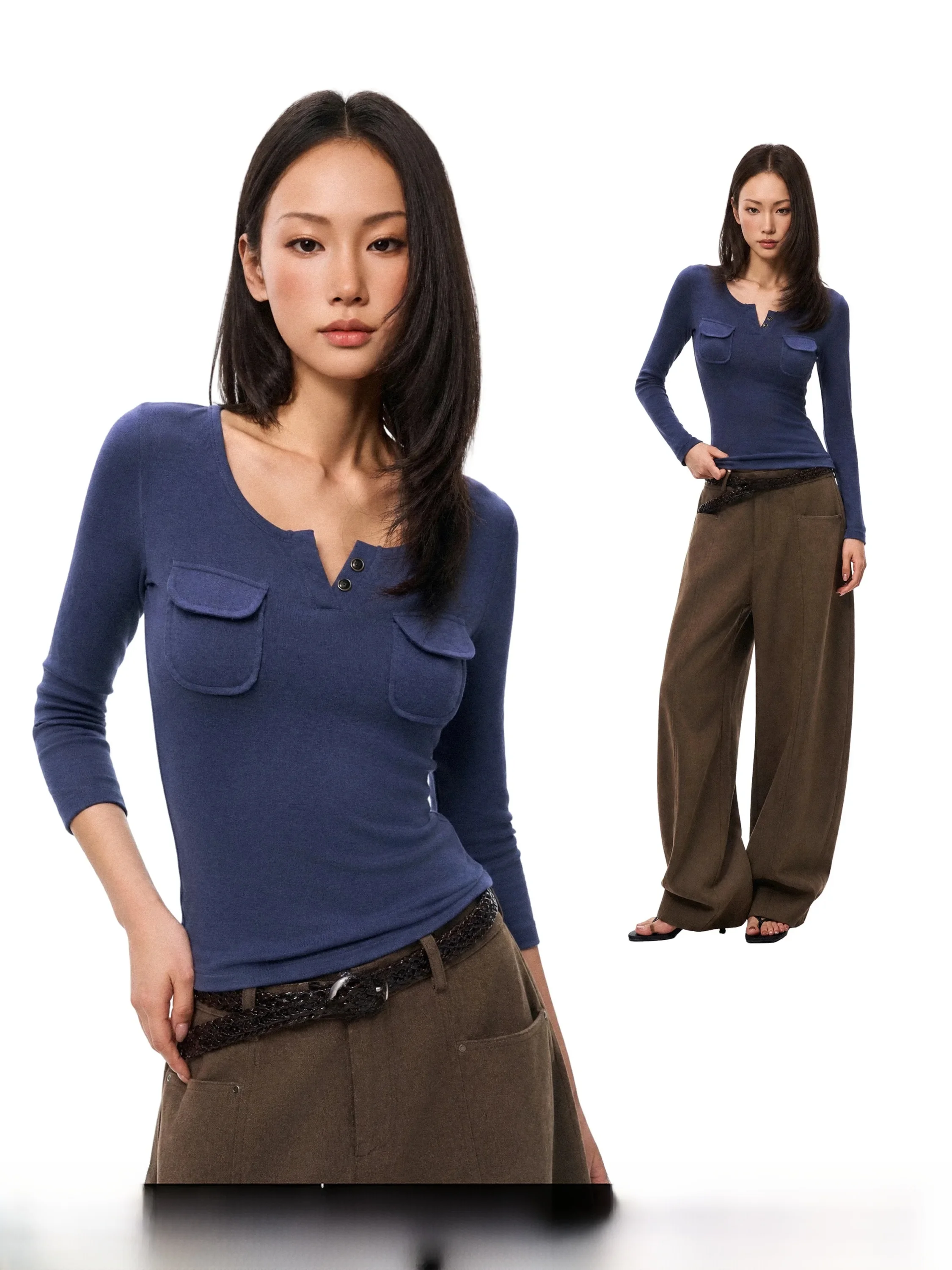 Slim Fit Knitted Long Sleeve T-Shirt Women's Henry Collar Waist-Cinching Slimming Top American Style Dark Blue GO GO BURN
