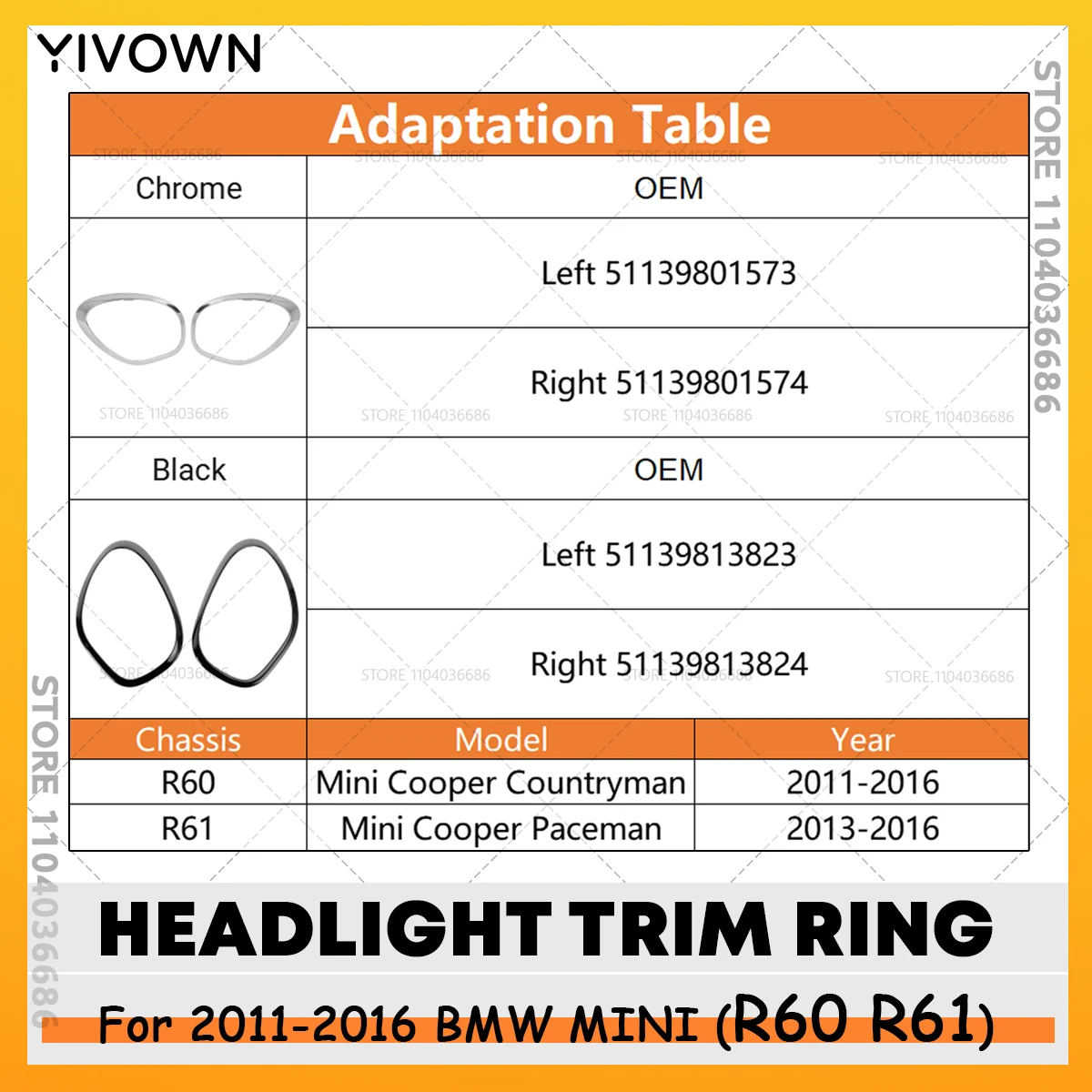 For 2011-2016 R60 R61 BMW MINI Cooper Countryman Paceman Headlight Trim Ring Bezel 51139801573/574, 51139813823/824