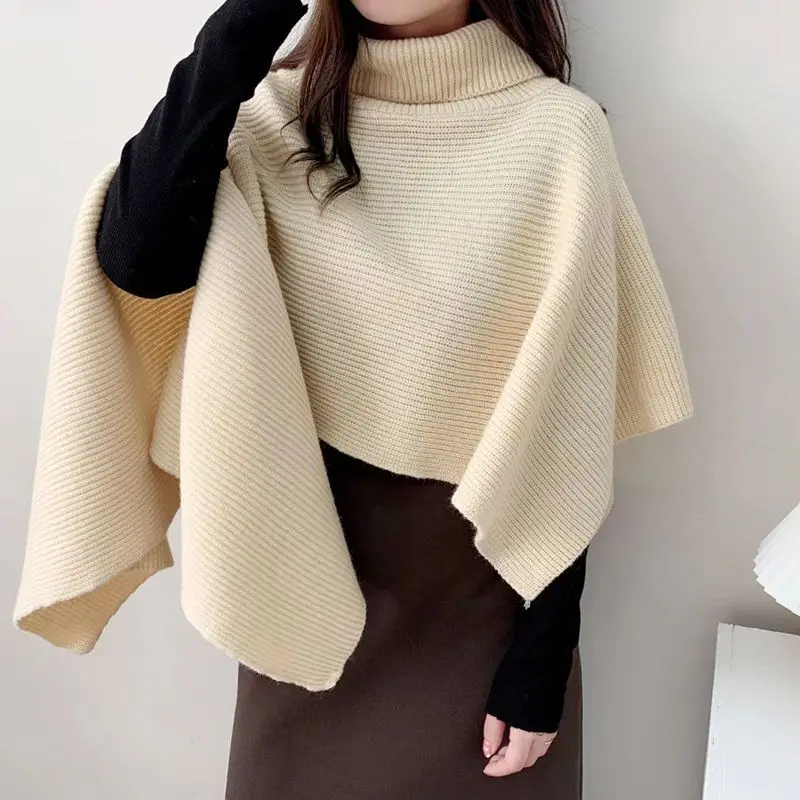 Turtleneck Pullover Sweater Shawls Women Sleeveless Jacket Autumn Winter Tops Knitted Scarf Irregular Coats Korean Chic Scarves