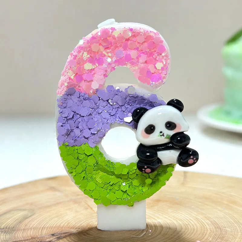 Cute Cartoon Panda Birthday Candles. Green Pink Purple Patchwork Sequined Digital Candles Party Dessert Cake Atmosphere Plugin