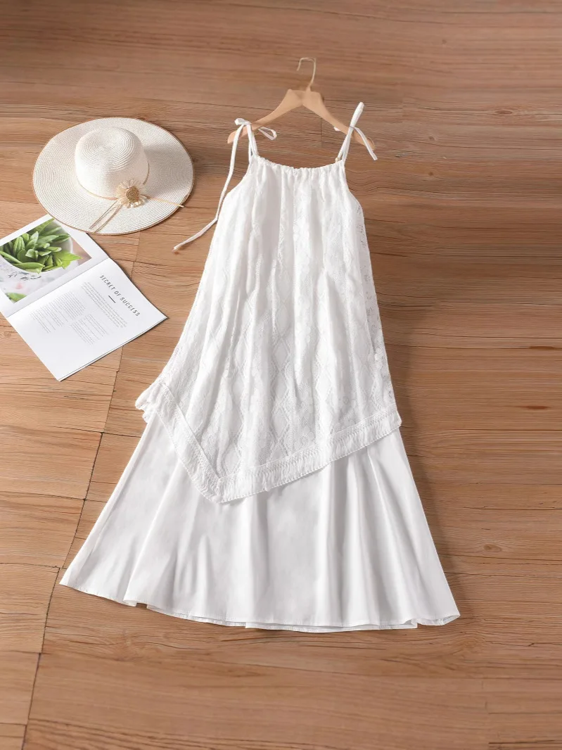 Bohe vestido branco irregular emenda oco gancho flor cinta de espaguete vestido feminino elegante borla verão praia férias vestido