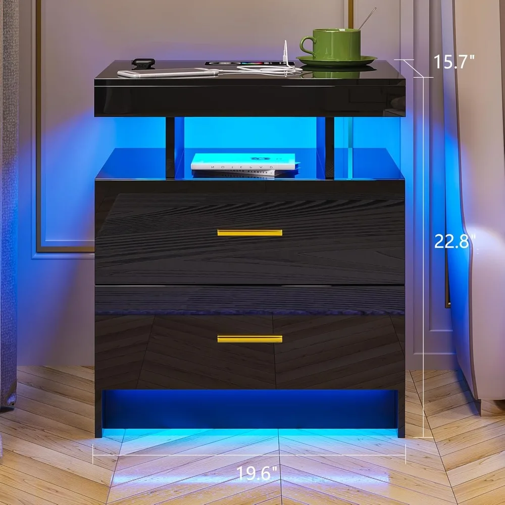 LED Nightstand, RGB Black Night Stand with USB/Wireless Charging Station, Modern Bedside Table has Auto Sensor RGB Lights