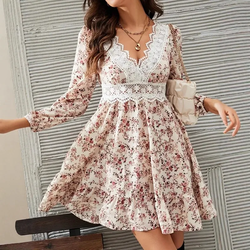 V-Neck Printed Lace Long Sleeve Slit Dress Women Tie Waist Elegant Midi Sundress S-XXL