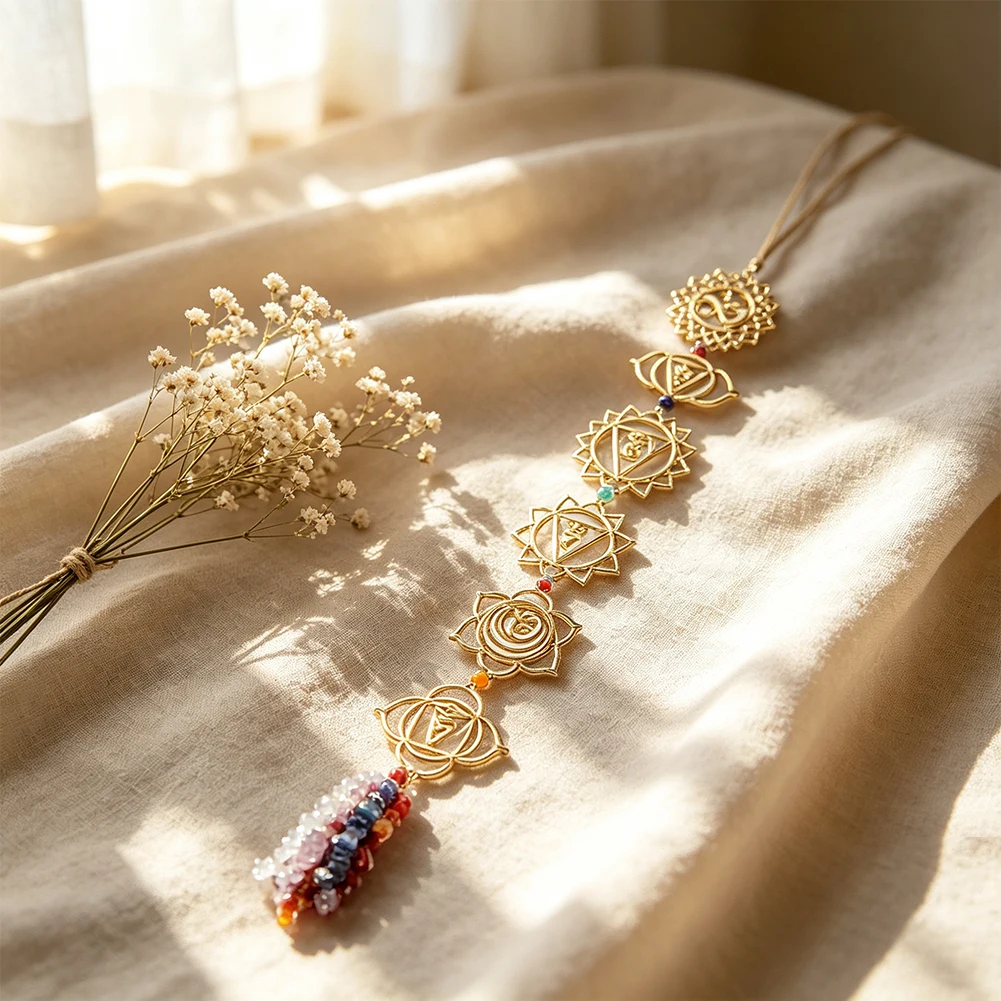 1pc Sacred Geometry Openwork Chakra Ornament Multicolored Crystal Stone Tassel Pendant Long Indoor Meditation Yoga Hanging Decor
