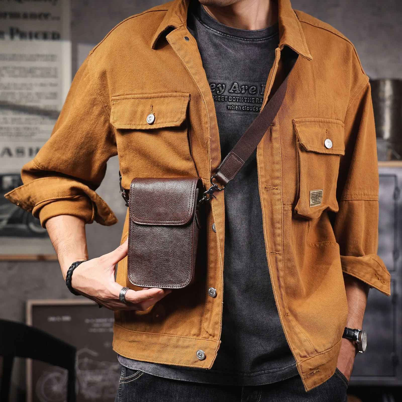 Echte Leder-Umhängetasche für Herren, Crossbody-Taschen, einfache Rindsleder-Gürteltasche, hochwertiges, pflanzlich gegerbtes Leder, modisch und lässig – Detail 5