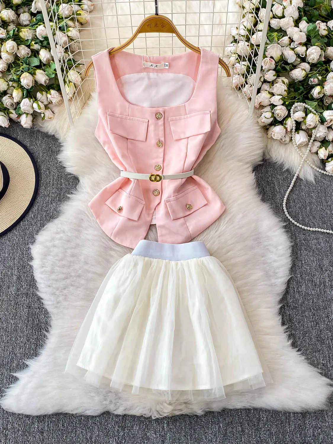Elegant High Waist Mesh Vest And Short Skirt Set with Metal Buckle Square Collar Slimming Top Women's Fashion Summer Outfit