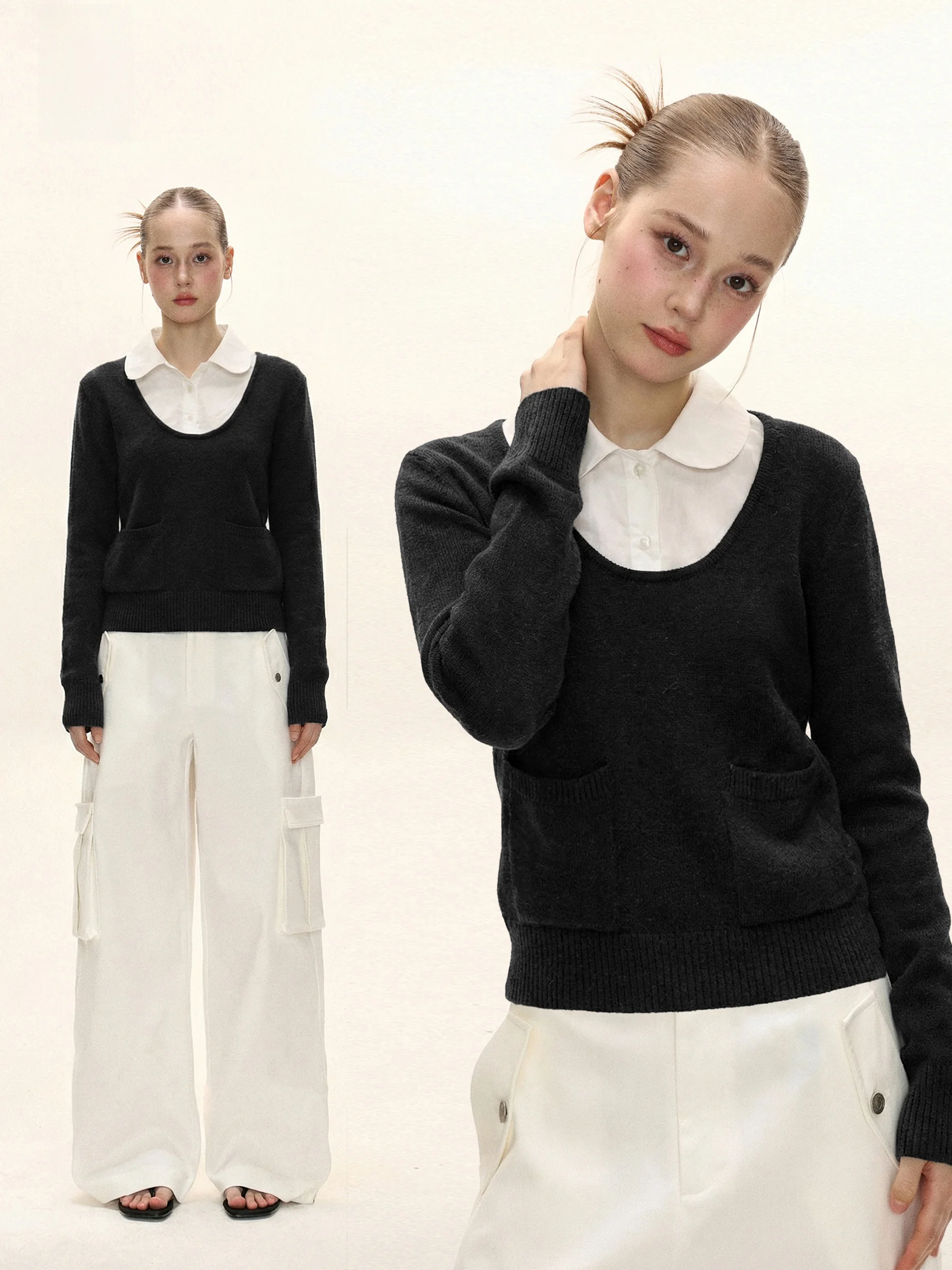 

Casual Knitted Long Sleeve November Holiday Two-Piece Sweater Women's Spring Black White Patchwork Doll Collar Design Sensation