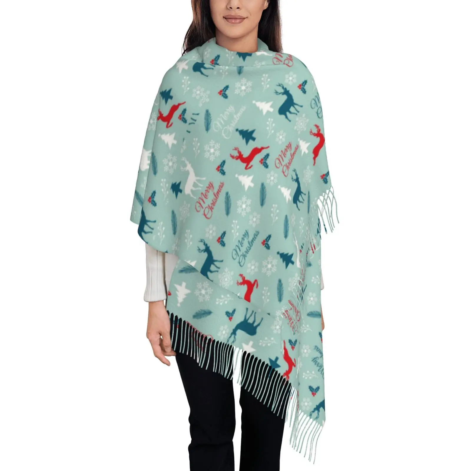 Christmas Reindeer Snowflake Pattern Tassel Shawl for Women, Oversized Wrap Scarf, Winter Holiday Fashion Accessory