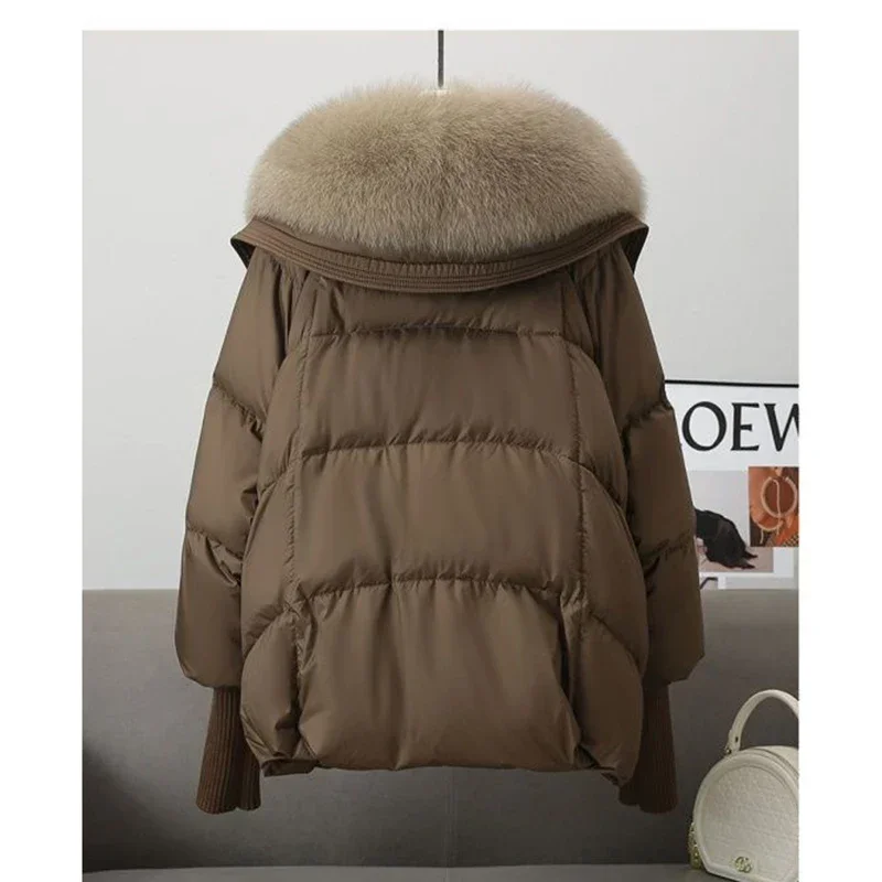 Oversize Winter New Fur Collar Puffer Down Parka Loose Down Warmer Thicken Snow Jacket Pocket Zipper Faux Fur Outerwear Female