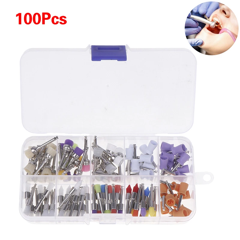 100pcs/Box Mixed Dental Denspay Prophy Brushes Disposable Polishing Tapered Cup Prophylaxis Brushes Nylon Dental Cleaning Tools