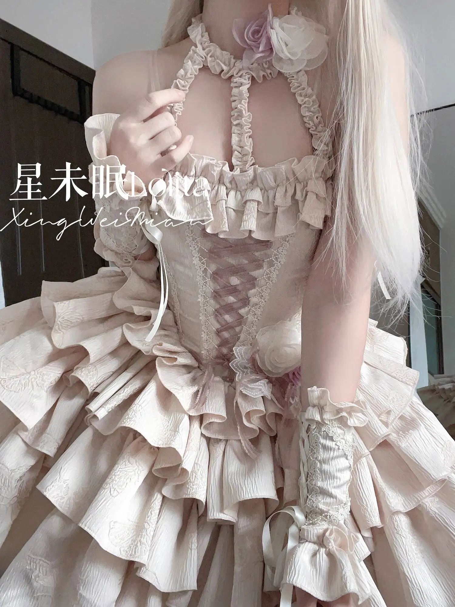 

Star SleeplessJapanese Sweet Princess Lolita Sunset Venus JSK Fishbone Dog Short Black Dark Dress Gown Dress