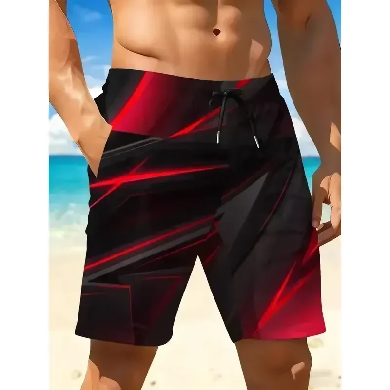 Shorts Comfortable Breathable Casual 2026 Men Quick Dry Swim Trunks Red Black Geometric 3D Print Beach Shorts Regular Fit