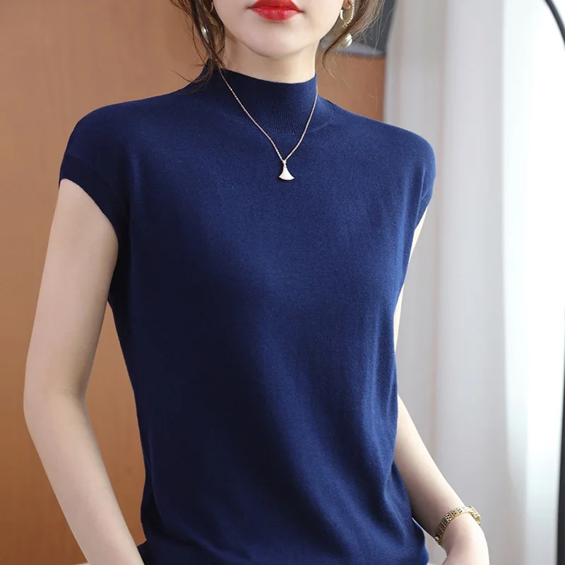 2024 New Summer Elegant Fashion High Waist Simplicity T-shirts for Women Knitting Solid Half High Collar Sleeveless Chic Tops