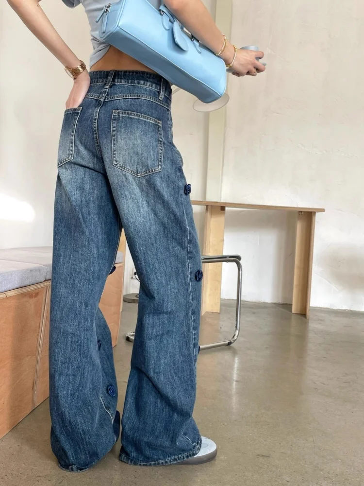 新作ファッションデザイン 立体ローズフラワー装飾ジーンズ レディース ハイウエストストレートパンツ