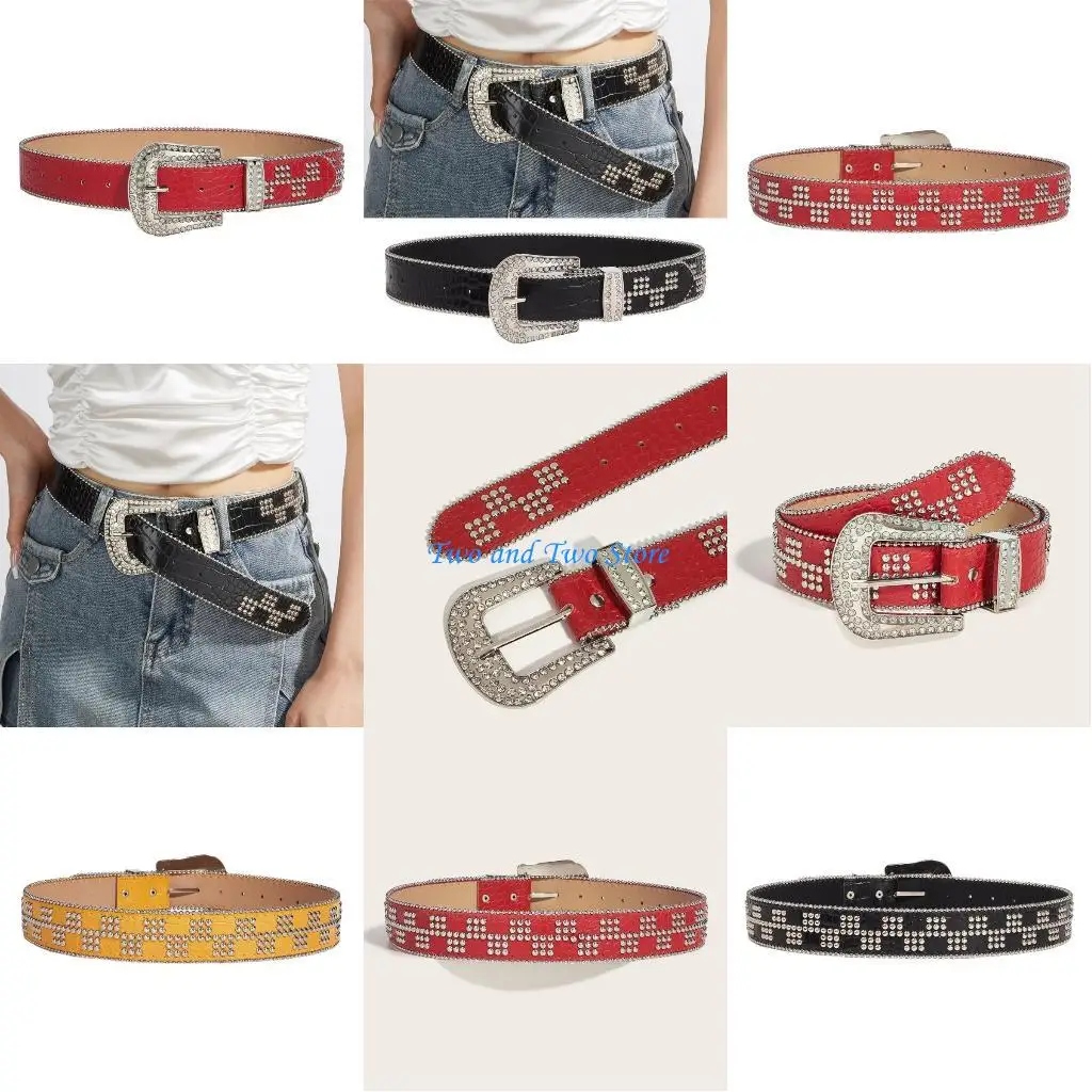 

HX6F модный ремень с заклепками и шипами для девочек, ремень с пряжкой и стразами, этнический ремень из искусственной кожи с из