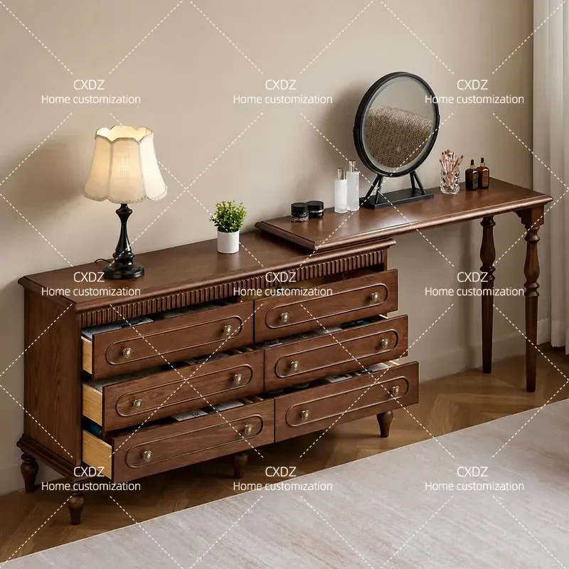 American Retro Solid Wood Dresser Chest with Integrated Retractable Makeup Table Antique Style Bedroom Storage Cabinet