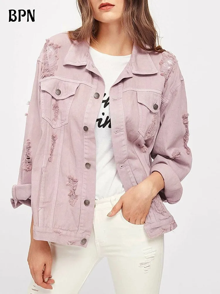 

BPN Streetwear Denim Jackets For Women Lapel Long Sleeve Holes Casual Loose Pink Single Breasted Jacket Female Fashion Clothing