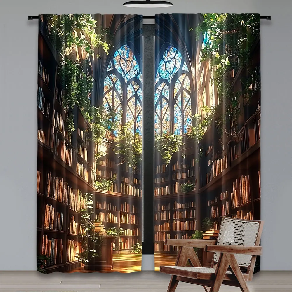 2Pcs Bookshelf Curtain Retro Library Bookshelf Books Print Window Drapes For Bedroom Living Room Study Office A