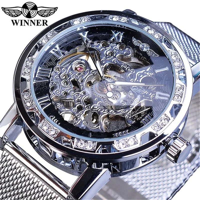 Winner 01A Hollowed Wristwatch Watch Men Hand Wind Transparent Skeleton Mechanical Watch many colors Mesh Male