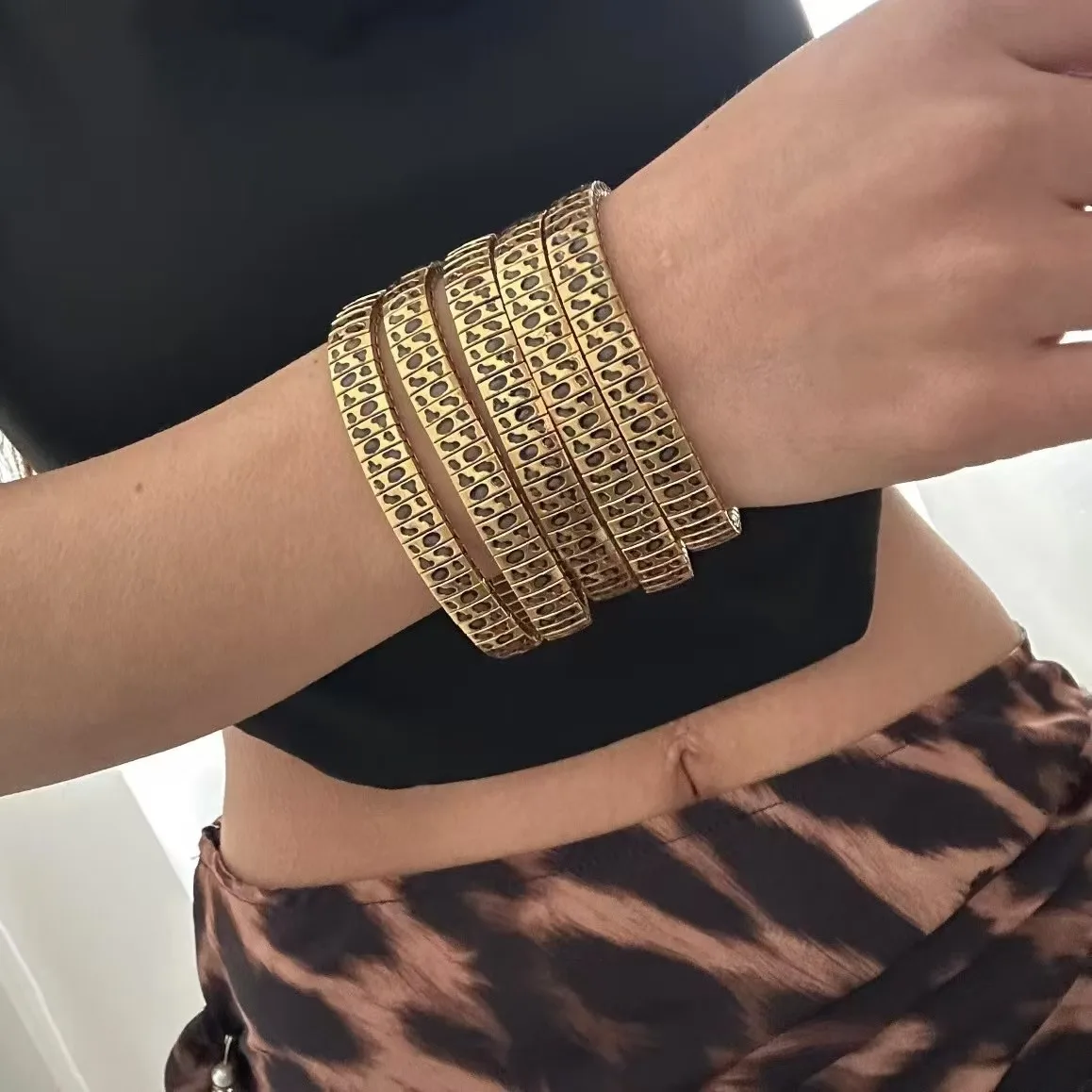 Gold Color Stainless Steel Elastic Bracelet Bangle for Women Rhinestones Wide Bracelet Classic Leoprd Chain Waterproof Jewelry