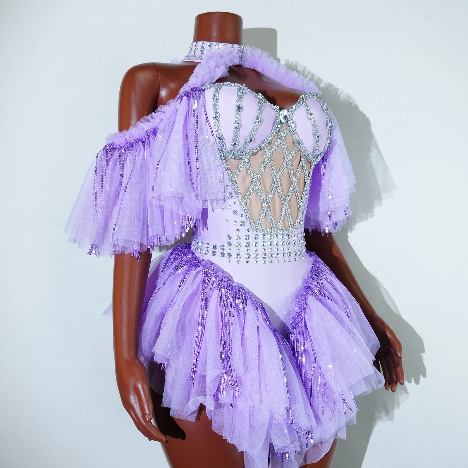 Damska Kryształowa Fioletowa Sukienka Jednoczęściowa z Falbankami, Wysoce Elastyczna, na Klub Nocny, Ukończenie Szkoły, dla Piosenkarki, na Urodziny, na Występ, Kostium Taneczny