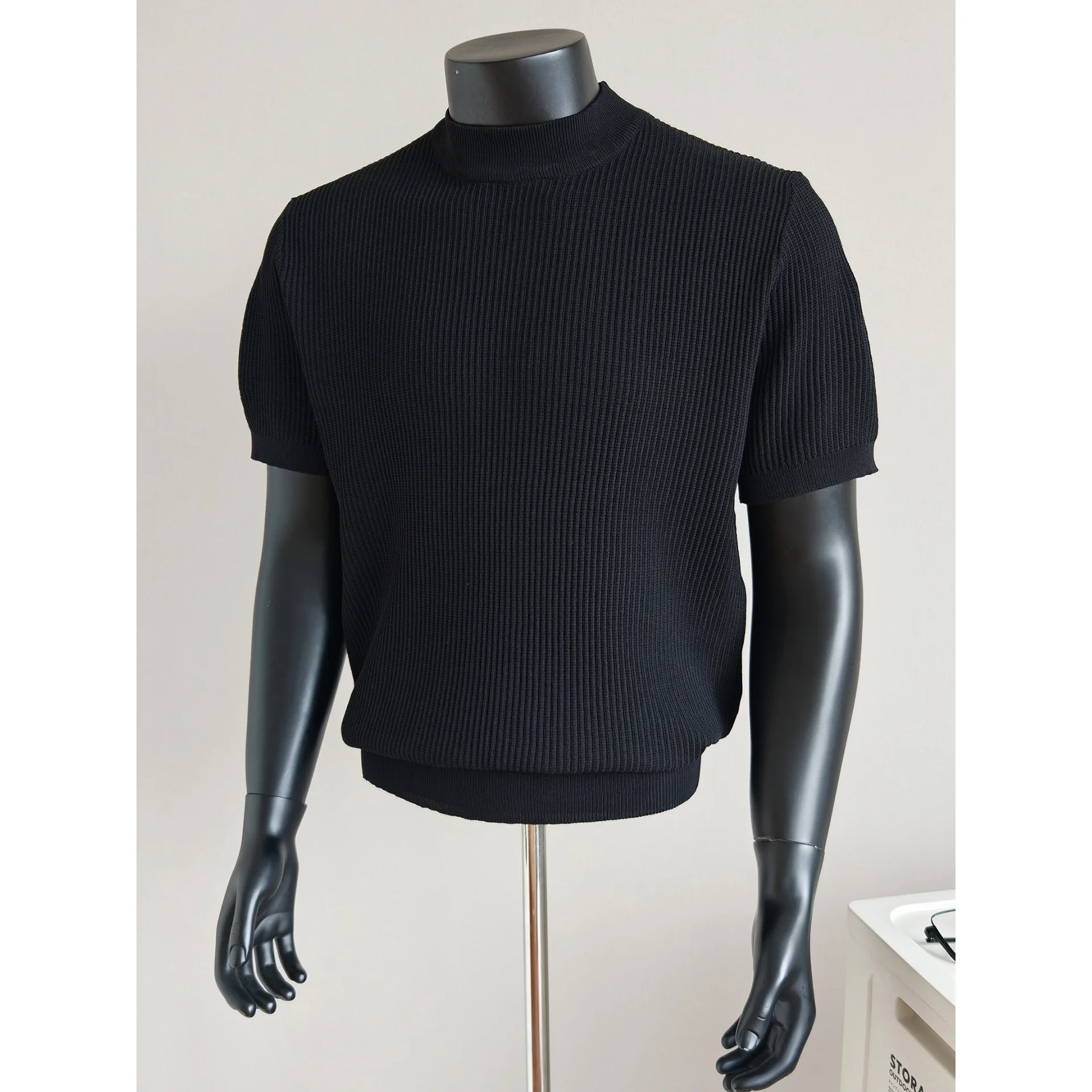 Man Knitting Base Layer 2026 Summer Men Solid Color Ice Silk Knit Tee Henry Collar Slim Fit Short