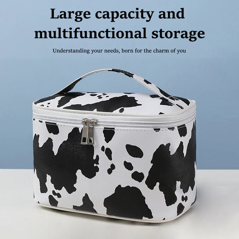 Cow Print Waterproof Makeup Bag – Women’s Travel Toiletry Organizer with Handle, Cows Pattern Cosmetic Storage Pouch