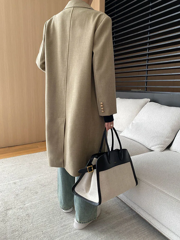 [EAM] Women Khaki Irregular Spliced Long Big Size Blazer New Lapel Long Sleeve Jacket Fashion Tide Spring Autumn 2024  1DH6851