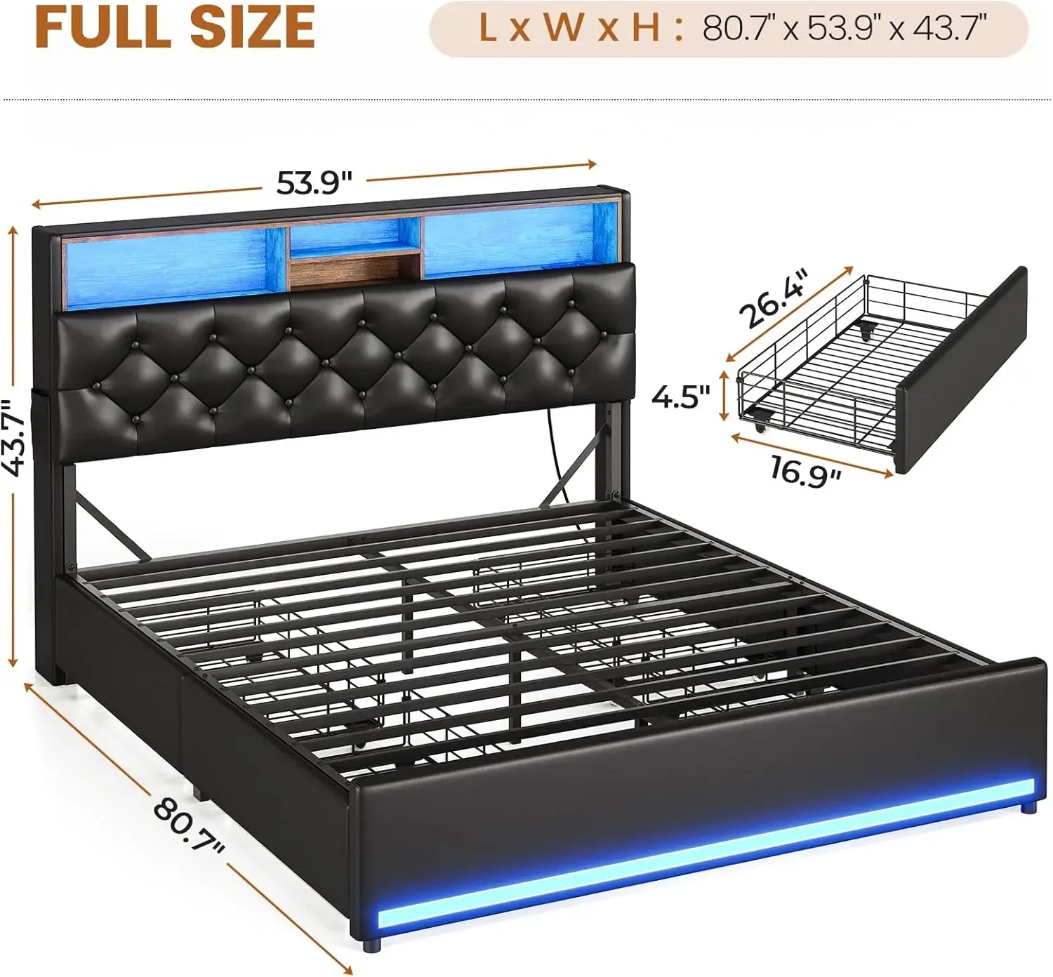 

Full Size Bed Frame with Headboard Storage, Upholstered Metal Bed Frame Full, No Box Spring Needed, Black PU