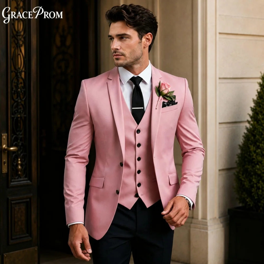 Luxury Pink Black Men Suit Set 3PCS 2027 For Wedding Formal Business Groom And Best Man Outfit Office Customized Men's Suit