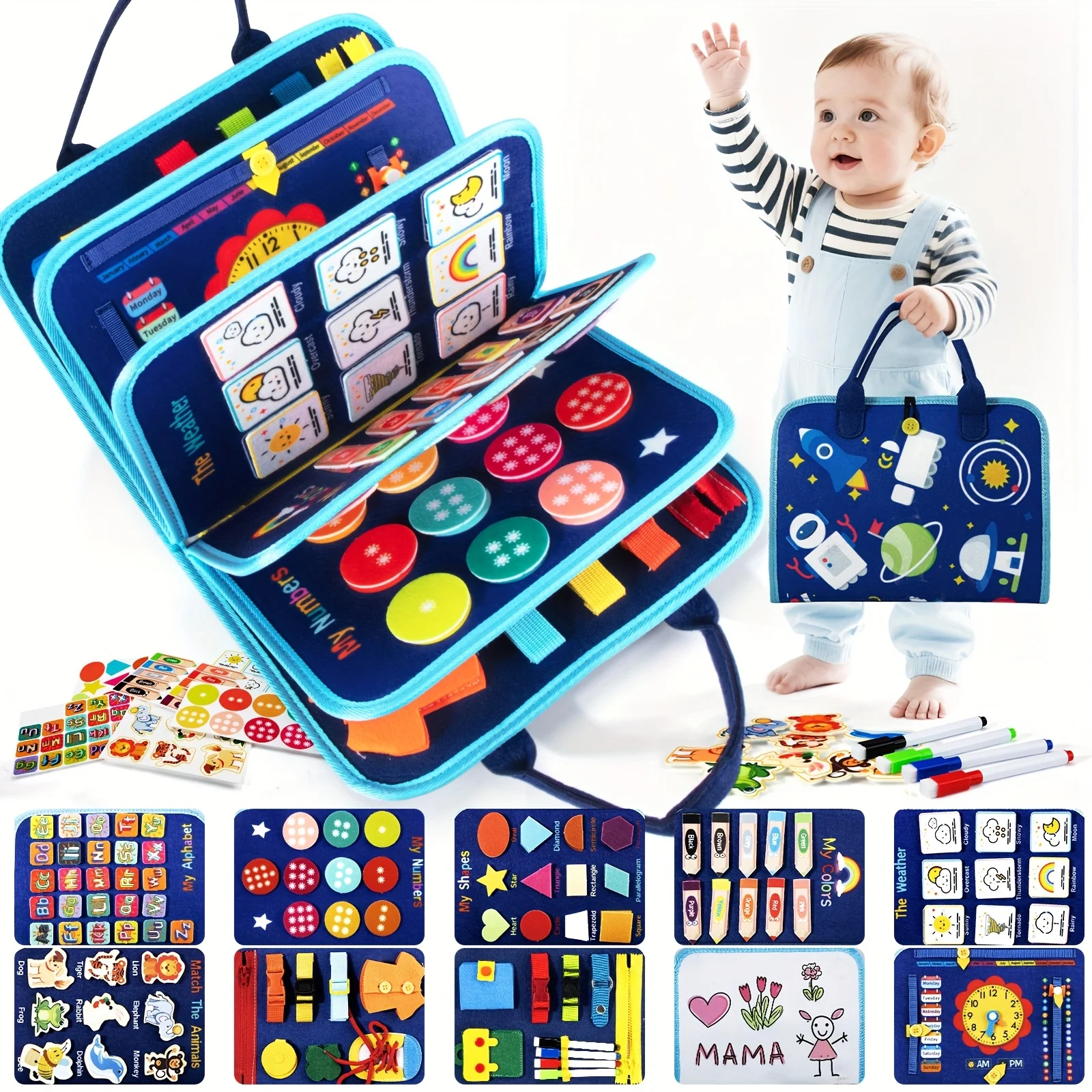 

Montessori Felt Busyness Board with Shapes Colors for Fine Motor Skills Portable for Indoor Outdoor Travel Sensory Learning Book