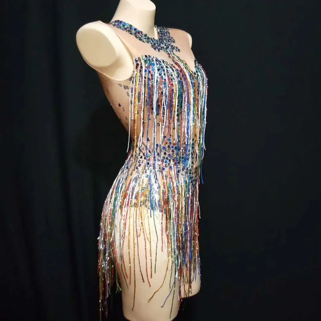 ใหม่ผู้หญิงเลื่อมบอดี้สูทพู่สีสัน Rhinestone เซ็กซี่นักร้องนักเต้นแสดงเวที club Party วันเกิดสวมเครื่องแต่งกาย
