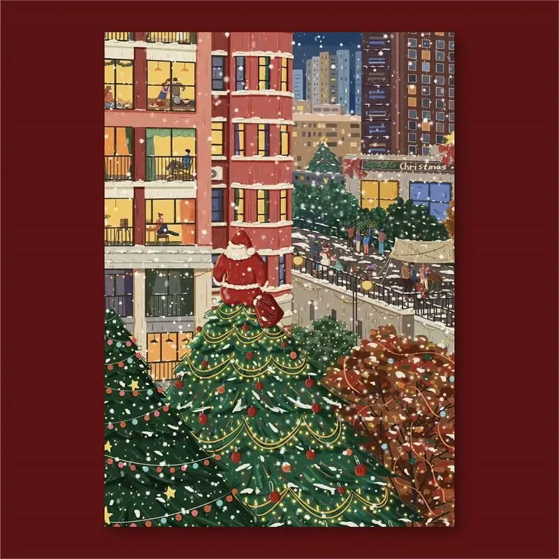 City Christmas Illustration Poster Stickers Santa Claus Drifting Snow Street View Living Room Festival Wall Stickers Room Decor