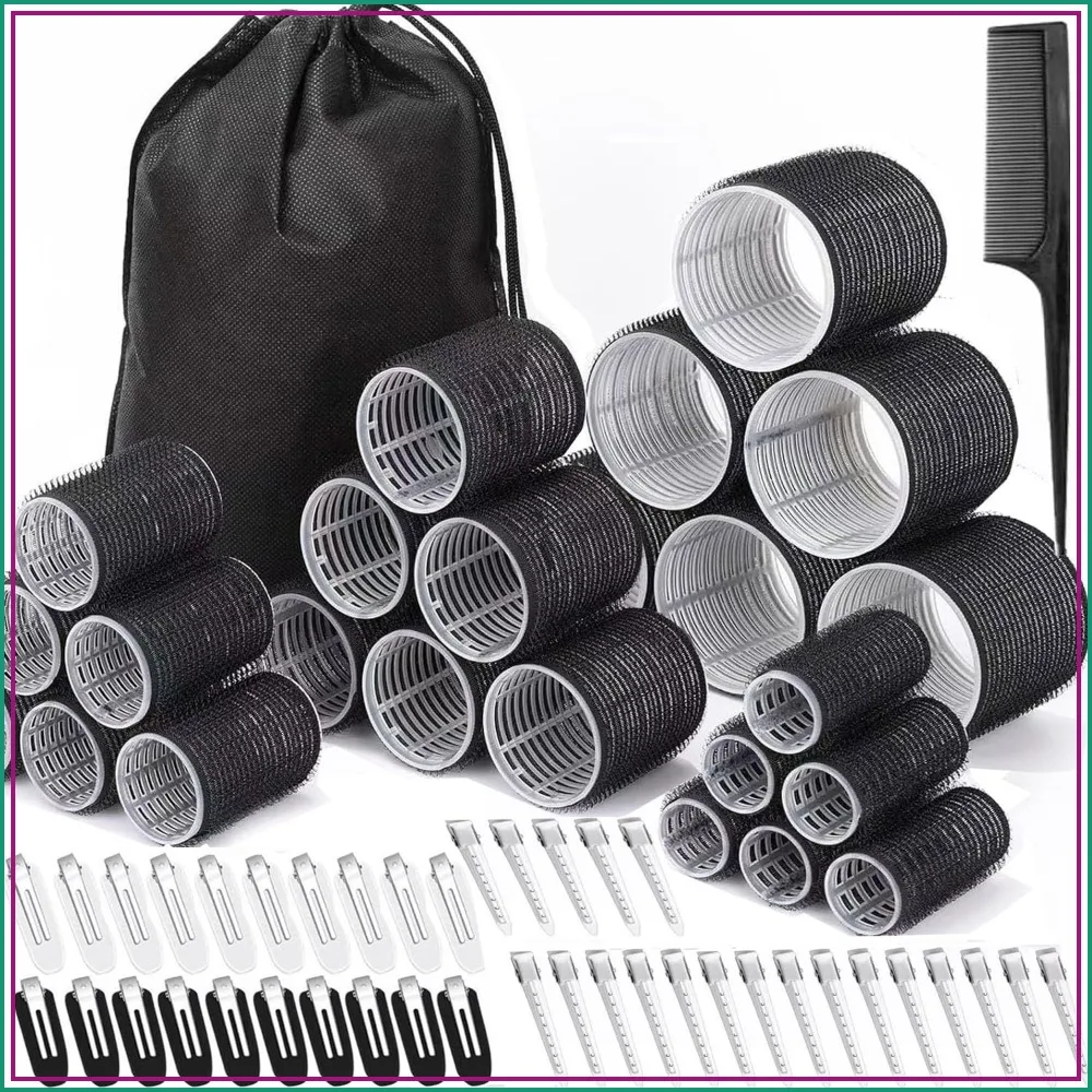 

66 Pcs Hair Rollers Set, 24 Rollers in 4 Sizes with 40 Clips, Storage Bag & Comb, Heatless Curlers for All Hair Types