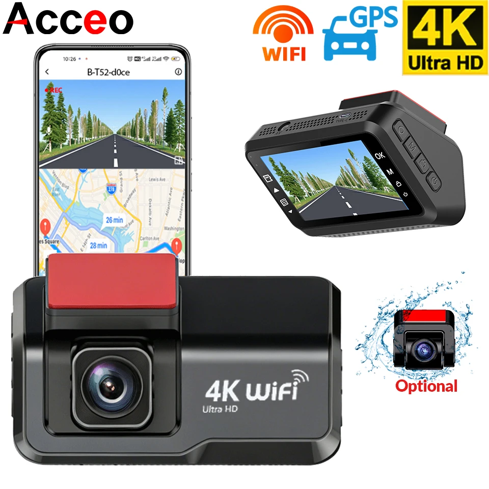 

Видеорегистратор 4K WIFI GPS с двумя камерами (фронтальная и задняя) 1080P, миниатюрный автомобильный видеорегистратор, ночное видение, мониторинг парковки, функция черного ящика