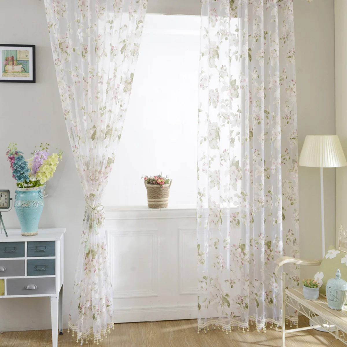 Rideau de fenêtre transparent rose fleur d'orchidée, cantonnière décorative en gaze pour décoration de fenêtre de salon, écharpe de porte