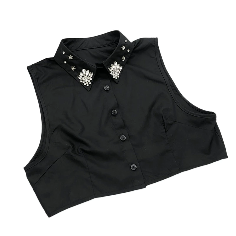 

Women Vintage Fake Collar Half Shirt Crop Top Handmade for Rhinestone Star Beaded Button Up Lapel Blouse Detachable N58F