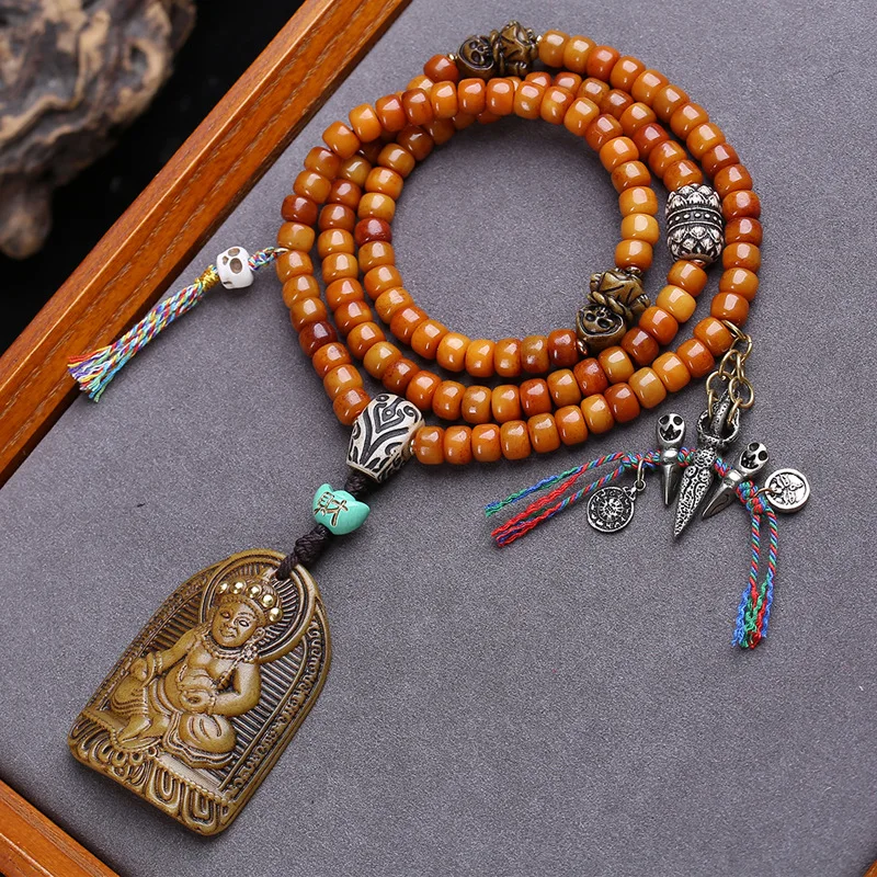 Hand-Held Yellow Pendant With 108 Buddha Beads And Yak Bone Three-Way Connector Accessories